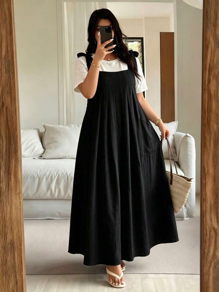 Plus Size Women Floral Print Sleeveless Midi Dress With Pockets Elegant Black Summer - Black - View 1