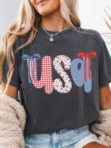 Women's Short Sleeve Round Neck USA Graphic Tee Casual Cute Summer T-Shirt Polyester Fabric With Slight Stretch Regular Fit Streetwear Style - 深灰色 - 查看 1