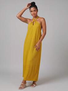 Women Long Halter Neck Dresses Loose Solid Sleeveless Open Back Tie-up Dress for Summer Beach Party Club - Amarillo - Ver 2