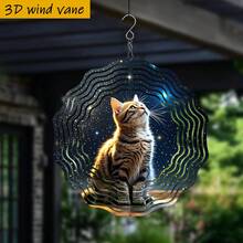 1个3D立体猫咪仰望星空金属风铃 - 10英寸圆形耐用铁质悬挂装饰，带360°旋转挂钩，适合室内/室外、圣诞节、婚礼、猫咪爱好者礼物（无需电池/电源），舒缓的音效，（不含吊坠），款式随机 - 多色 - 查看 4