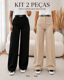 Kit Of 2 Women's Tailored Wide Leg Pants With Belt - Black / Beige - View 2