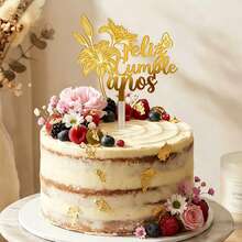 1个/3个金色亚克力“Feliz Cumpleaños”（西班牙语生日快乐）蛋糕装饰插牌，饰有花卉和蝴蝶图案，适合西班牙主题生日派对装饰。 - 多色 - 查看 4