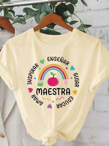 Solt Vintage Camiseta casual de mujer de manga corta con cuello redondo, con estampado de manzana arcoíris, corazón, lema educativo y patrón redondo, para primavera, verano y otoño, col - Albaricoque - Ver 1