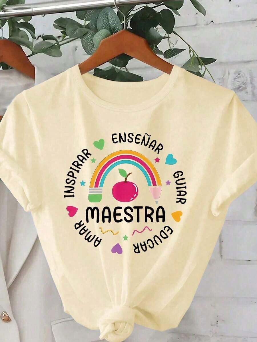 Solt Vintage Camiseta casual de mujer de manga corta con cuello redondo, con estampado de manzana arcoíris, corazón, lema educativo y patrón redondo, para primavera, verano y otoño, col - Albaricoque - Ver 1