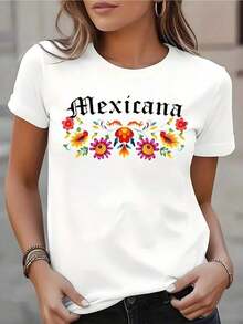 Camiseta de manga corta con cuello redondo y estampado floral mexicano para mujer, ideal para uso casual, festivales y eventos culturales. Tela cómoda, adecuada para regalar. - Blanco - Ver 5