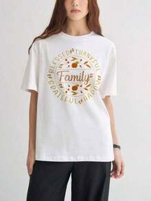 Women's Short-Sleeved T-Shirts With Interesting Prints, Beautiful Clothing. White T-Shirt With An Autumn Pumpkin Leaf Print And The Phrase "Grateful Happy Autumn Pumpkin Leaves," Perfect For Casual Wear During Thanksgiving Celebrations. - 白色 - 查看 7