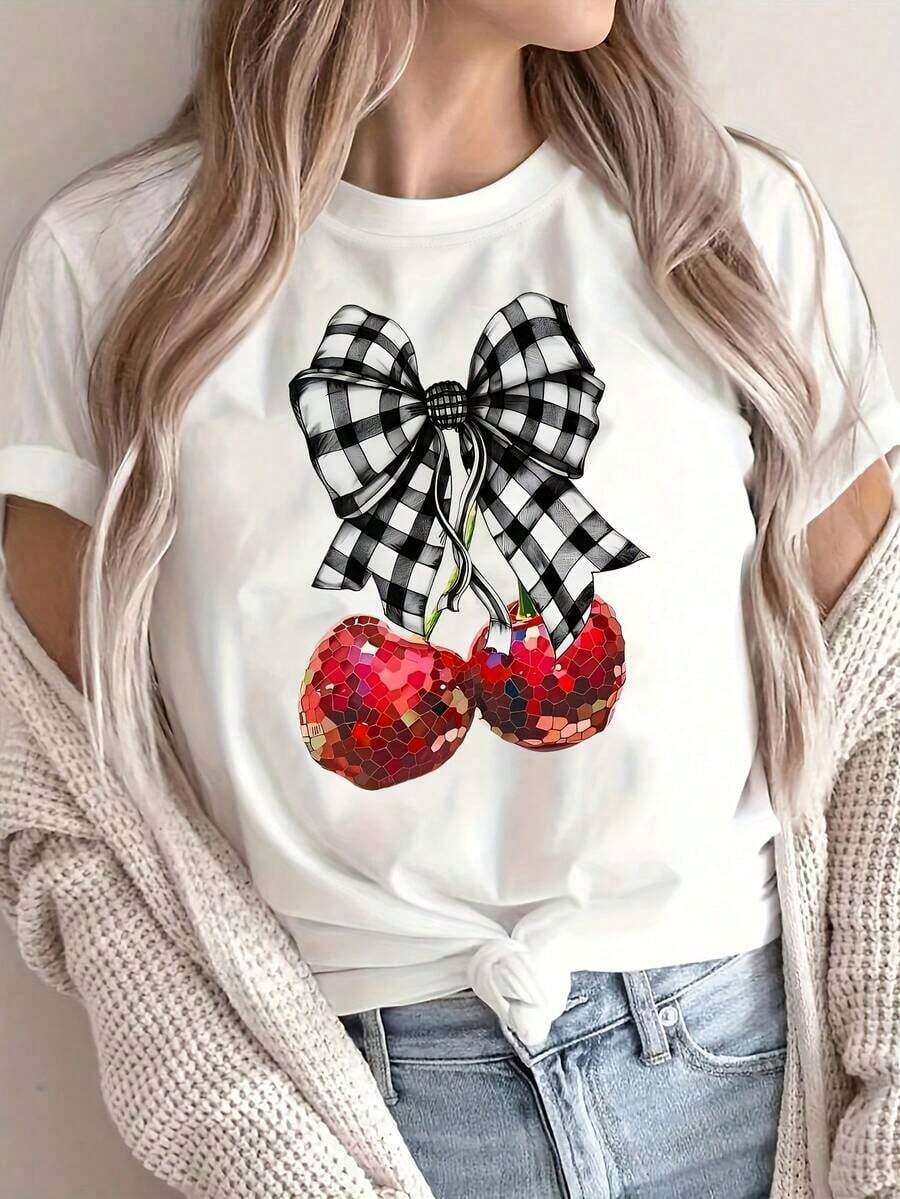 Camisetas de talla grande suaves y transpirables para mujer, de corte holgado, camisetas casuales con estampado, camiseta de manga corta con cuello redondo, ropa casual de primavera y verano para mujer, transpirable y cómoda. - Blanco - Ver 1