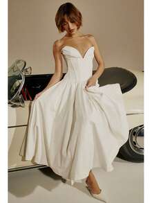 Spring Strapless Dress With Structural Corset, Open Back, A-Line Cut, Elegant, Sensual And Modern European Fashion Style For Women - أبيض - مشاهدة 9