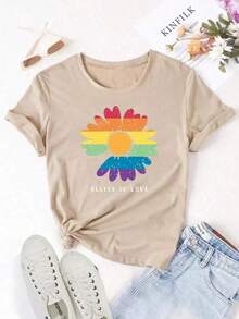 Camiseta deportiva de mujer con estampado de margaritas y colores del arco irisPure-Cotton - Albaricoque - Ver 8