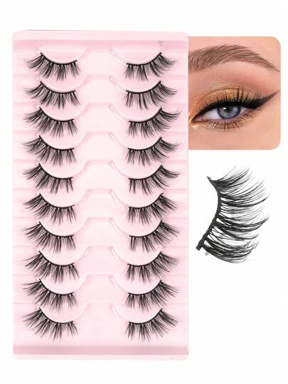 MAANGE 10 Pairs Half-Cut False Eyelashes, Natural Cat Eye Makeup, Cartoon Style Lashes, Short Soft 3D Mink-Like Lashes, Lightweight Fluffy Mink-Like Lashes, Eyelash Extension Tools, Strip Lashes, Suitable For Daily Use, Women Can Wear For Travel, Party, Work And Other Occasions