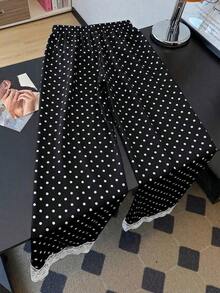 Pantalones rectos sueltos con cintura elástica, estampado de lunares y parches de encaje, adecuados para uso diario.Pantalones de lunares, pantalones con ribete de encaje, pantalones blanco y negro, pantalones de lunares blanco y negro para mujer - Negro - Ver 2