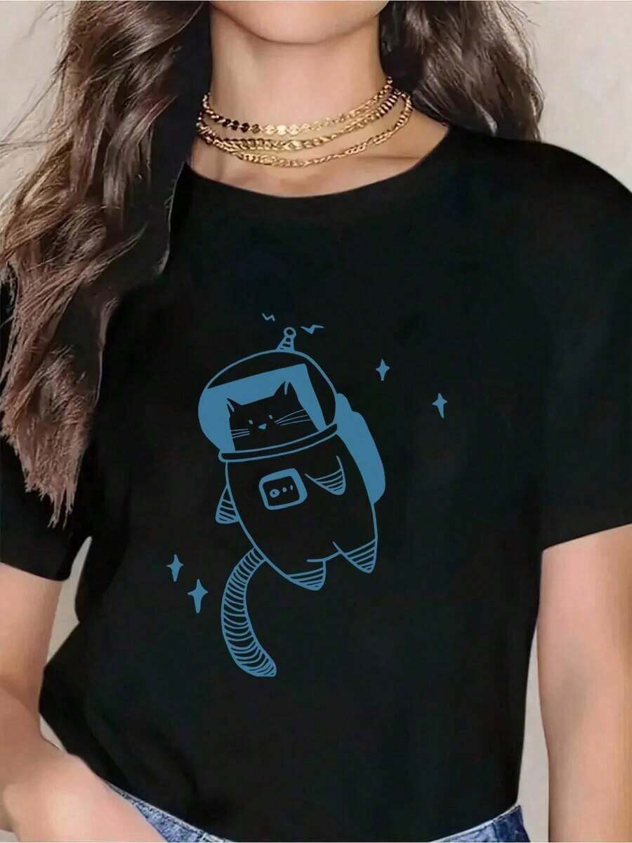 Best Selling Women's Summer T-Shirt - Astronaut Cat Print, 100% Cotton, Loose Fit, Short Sleeve, Round Neck, Casual T-Shirt For Daily Wear And Travel, Black And White, Summer Clothes, Fun Design, Comfortable Fabric. - 黑色 - 查看 1