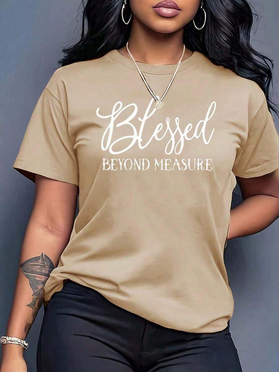 Soft 100% Cotton Women's Casual Crew Neck Short Sleeve Regular Length T-Shirt With Beyond Measure Print, Breathable, Goes With Everything, Great. - 杏色 - 查看 1