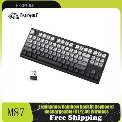  لوحة مفاتيح ألعاب لاسلكية FREEWOLF M87 80%، 87 مفتاح بإضاءة قوس ، إحساس ميكانيكي SA PBT لأجهزة الكمبيوتر/الويندوز، بلوتوث 5.0/2.4 جيجا هرتز وضعين للمكاتب/الألعاب