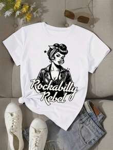 Camiseta Retro Rockabilly para Mujer - Camiseta Gráfica de Inspiración Vintage - Camiseta Deportiva Casual con Estampado Atrevido "Rockabilly Rebel" - Tela Suave y Elástica - Cuello Redondo para Comodidad en Todas las Temporadas - Camiseta de Manga Corta para Atuendo Casual - Camisetas para Damas Adecuadas como regalo. playera de mujer. blusas>elegantes. boho chic,Top de mujer suave, transpirable y cómodo, ideal para primavera, verano y otoño, perfecto para vacaciones, viajes y uso diario. Adecuado como regalo. playera de mujer. blusas>elegantes. boho chic,Top de mujer suave, transpirable y cómodo, ideal para primavera, verano y otoño, perfecto para vacaciones, viajes y uso diario. - Blanco - Ver 3