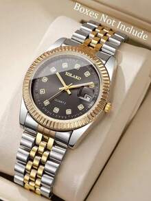 2 piezas/Set Juego de relojes para pareja en negro & dorado, incluye 1 pieza reloj de cuarzo dorado de esfera grande para hombre y 1 pieza reloj de cuarzo dorado de esfera pequeña para mujer. Diseño clásico bicolor con bisel estriado y esfera adornada con brillantes de strass. - Multicolor - Ver 5