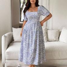 Plus Size Women's Spring/Summer French Chic Elegant Commuting Casual Beach Holiday Blue & White Floral Square Neck Cinched Waist Ruched A-Line Maxi Dress - Azul y blanco - Ver 4