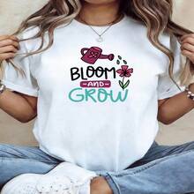 Womens Casual Cotton Round Neck Short Sleeve T-Shirt with Bloom and Grow Graphic Print - Blanco - Ver 1