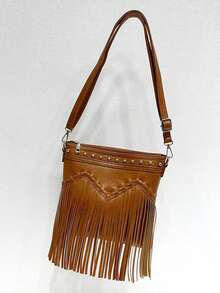 1 pieza Bolso de cubo vintage con flecos para mujer, bolso cruzado reversible con flecos - Marrón 3 - Ver 8