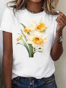Camiseta casual de manga corta para mujer con estampado floral vibrante - Blanco, cuello redondo, poliéster ligero, estilo de verano, camiseta de uso diario |   Camiseta con estampado vibrante |   Tejido ligero - Negro - Ver 6