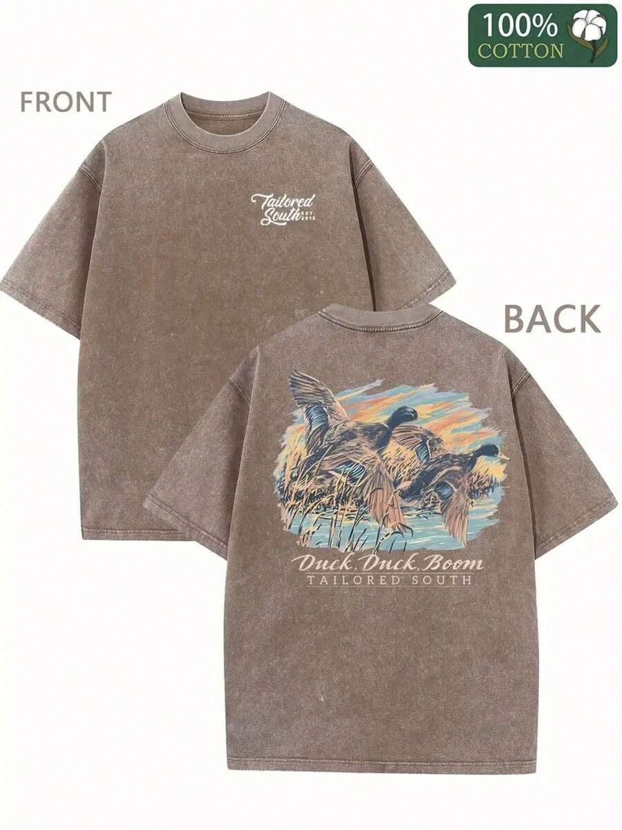 Camiseta Vintage con Estampado de Pato para Hombre - Camiseta de Manga Corta de Algodón Lavado Suave, Cuello Redondo Casual Antiencogimiento, Adecuada para Uso Diario, Lavable a Máquina, Excelente Idea de Regalo - marrón café - Ver 1
