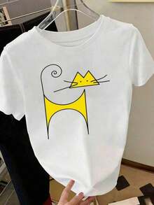 Yellow Graphic Print Crew Neck T-Shirt - Minimalist Abstract Feline Design, Short Sleeve, Crew Neck, Soft And Breathable, Summer Clothes For Men And Women, Fun And Playful For Animal Lovers, YKG3 Cotton, Cool Summer Clothing - 白色 - 查看 8