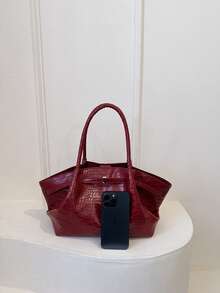 Bolso de tote de gran capacidad, nuevo bolso de hombro/axila de mujer con pliegues y estampado de cocodrilo - Rojo - Ver 9