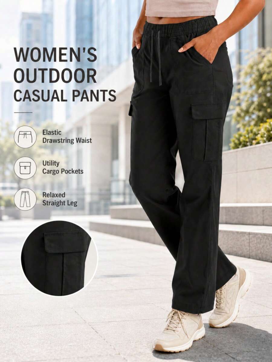 Pantalones cargo de mujer de secado rápido de seda de hielo de nailon, pantalones de verano delgados para senderismo con 4 vías de estiramiento, con múltiples bolsillos y cintura con cordón, para deportes - Negro - Ver 1