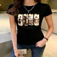 Camisetas estampadas de moda para mujer, tops de estilo urbano de gran tamaño, camisetas de verano cómodas y elegantes que combinan con todo. Camiseta cristiana "Él ha resucitado" para mujer, 100 % algodón. Cuello redondo y manga corta con estampado de una tumba vacía y una cruz, con cuatro mujeres bíblicas (María Magdalena, Juana, María) y un diseño de Jesús. Prenda informal 100 % para la iglesia, ideal para Pascua, primavera y San Valentín. Camiseta informal. K-Pop. Ropa de hogar para mujer. - Negro - Ver 9
