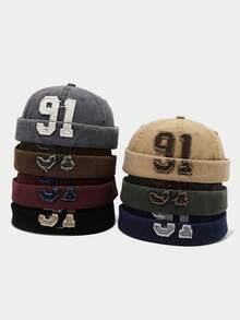1pc Vintage European And American Washed Distressed 91 Beanie Hat, Retro Numeric Fashion Versatile - A - View 8