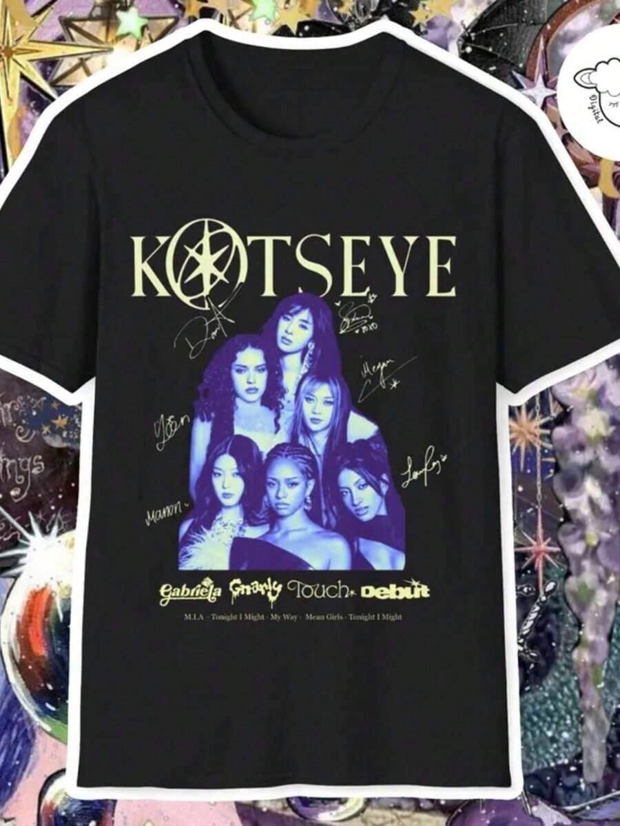 Katseye Members Short-Sleeve T-Shirt With Pink Signatures, Vintage Katseye Graphic Tee, Katseye The Beautiful Chaos Tour T-Shirt, Cute Girl Group. 100% Cotton. - 黑色 6 - 查看 1