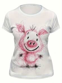Women's T-Shirt With Hand-Painted Pink Pig Design - Soft Casual Short-Sleeved Round Neck T-Shirt With A Pig Face Design And Tail Bow, Artistic Print In Pink And White, Machine Washable Casual Wear, 100% Cotton For Women. - 白色 - 查看 3