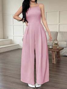 Mono holgado de pierna ancha y plisado de unicolor para mujer - Rosa - Ver 3