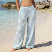 Pantalones Anchos de Mujer a Rayas con Bloque de Color, Cintura Elástica, Largo Completo, Ligeros de Verano con Bolsillos, Delgados y Fluidos para Uso Diario y Vacaciones - Azul - Ver 4