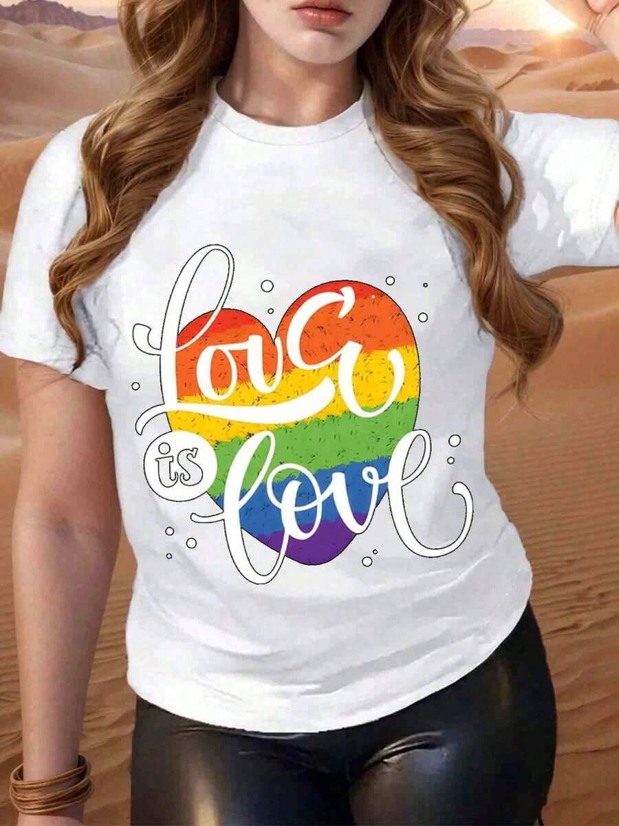 Women's Casual Short Sleeve T-Shirt, White, With Rainbow Heart Print "Love Is Love", For Pride Day And Parties - 白色 - 查看 1