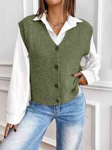 Chaleco de punto de color sólido, informal, de botonadura sencilla para mujer, otoño - Verde militar 2 - Ver 12