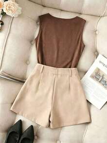 1 conjunto de top sin mangas de cuello en V ajustado de color marrón con falda pantalón de oficina de color albaricoque para mujer - Marrón - Ver 2