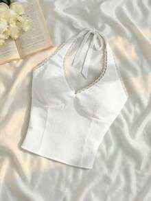 Blusa de unicolor con cuello halter y cordón, ajustada y versátil para uso casual, verano, vacaciones, estilo retro, vintage, campo, salidas, picnic, linda, color amarillo - Blanco - Ver 8