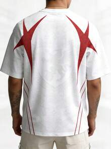 White & Red Printed T-Shirt - Badge & Letter All-Over Print Design - Lightweight Crew Neck Short Sleeve - Casual Sports Style Top For Summer - Multicolor - View 2