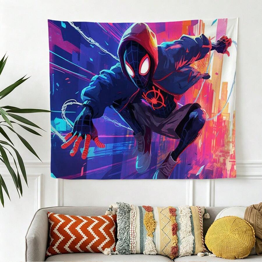 1pc S Pider-Man Miles Morales Superhero Theme Birthday Backdrop Boys Birthday Party Decorations Photography Background Wall Hanging Tapestry Photo Booth Props Urban Hero Graphic Party Supplies Home Living Room Decor Event Scene Layout - 多色-A - 查看 1