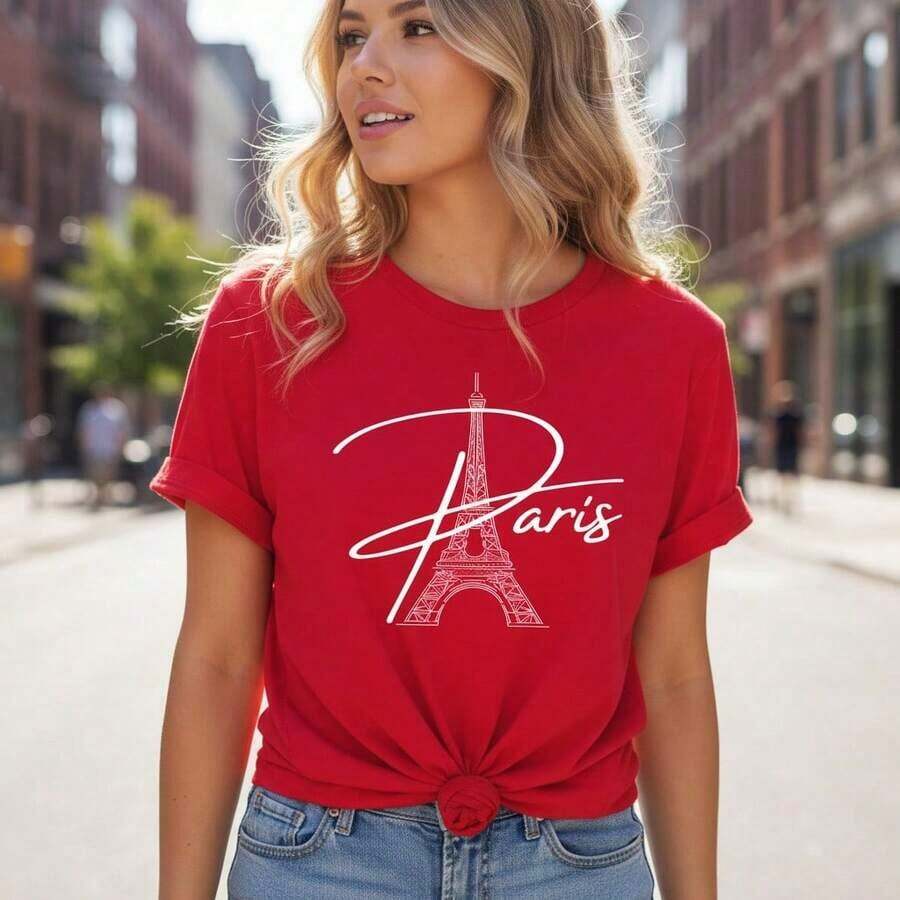 Women's Paris Eiffel Tower Print Cotton T-Shirt, Casual Loose Fit, Short Sleeve, Round Neck, Sizes S-5XL, Black And White Graphic Tee For Summer Vacation, Travel And Everyday Wear - 紅色 - 查看 1