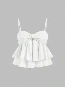 Top de tirantes con volantes y pliegues de color rosa dulce para mujer, top corto de verano - Blanco - Ver 5