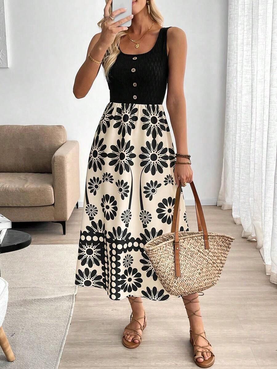 Vestido ajustado sin mangas con estampado de retazos de estilo vacacional para mujer - Blanco y Negro - Ver 1