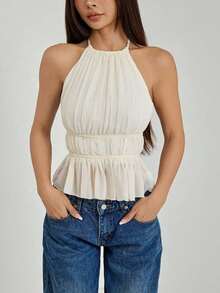Top sin espalda con cuello de halter y cintura anudada con pliegues para mujer - Beis - Ver 6