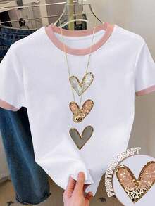 Camiseta casual de mujer de manga corta con cuello redondo y estampado de corazón en bloques de color - Blanco 9 - Ver 7
