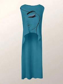 Camisa de mujer sin mangas con estampado de rostro abstracto, corta por delante y larga por detrás, con silueta en línea A - Agua verde azul - Ver 3