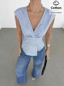 Blusa de mujer de cuello en V a rayas, versátil para uso diario, atuendos casuales de mujer, atuendos de verano de mujer, blusas casuales para mujer, blusas de mujer para el verano, blusa de cuello en V a rayas - Azul y blanco - Ver 4