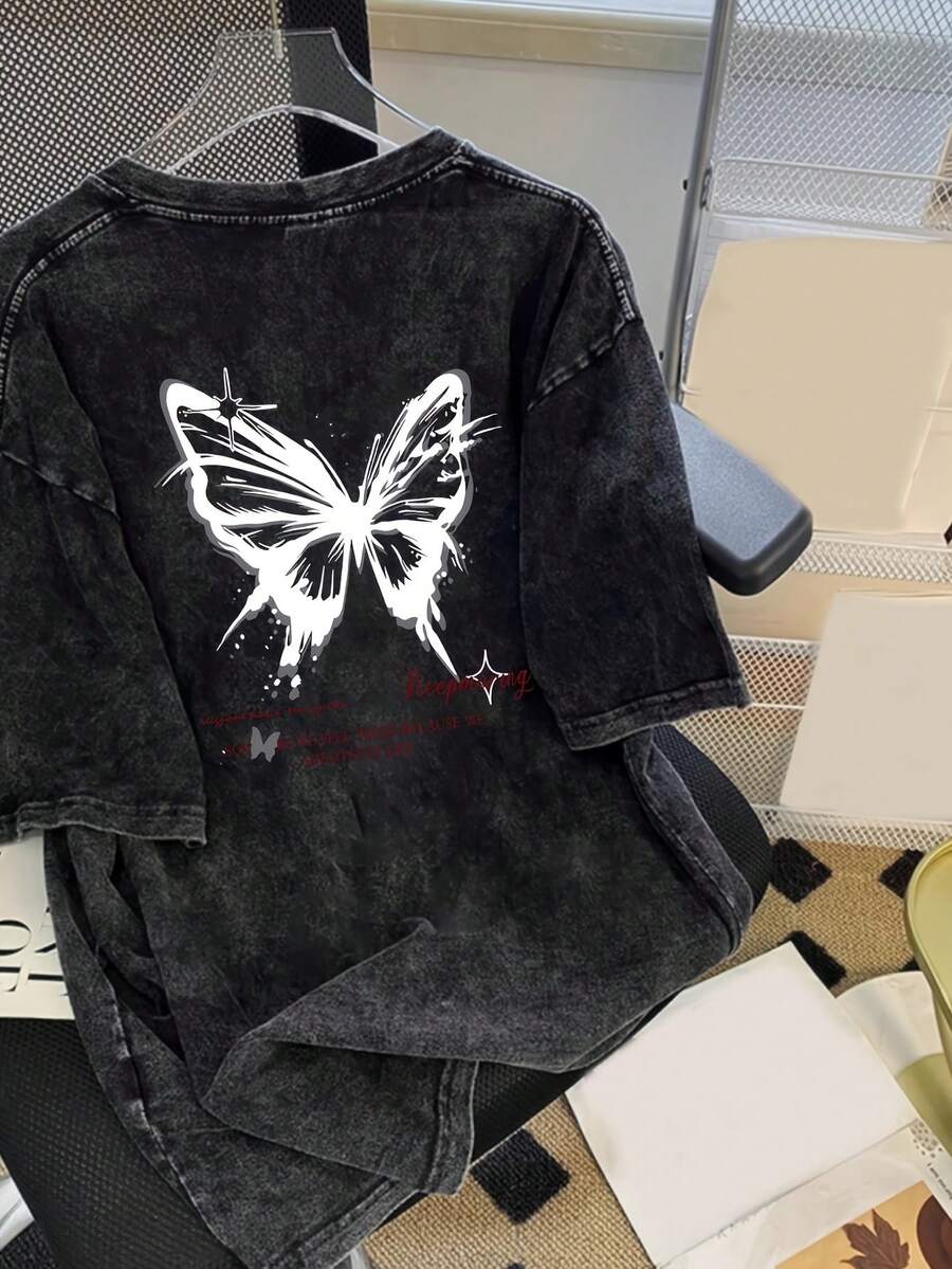 Camiseta de manga corta para mujer, de puro algodón de alto gramaje, lavada y desgastada, con estampado de dibujos animados, diseño de nicho único, apta para el verano #1111 - Negro - Ver 1