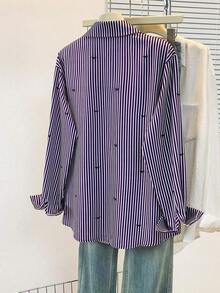 Camisa de manga larga con estampado a rayas y lazo, con botones delanteros, cuello de camisa, top casual, adecuado para primavera, otoño e invierno en color rosa - Morado - Ver 4