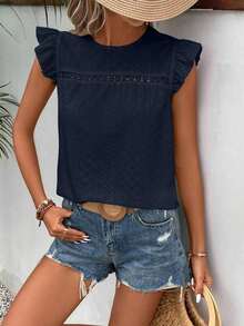 Frenchy Camiseta con cuello redondo y adorno de encaje con volantes y bordado de ojal - Azul marino - Ver 4